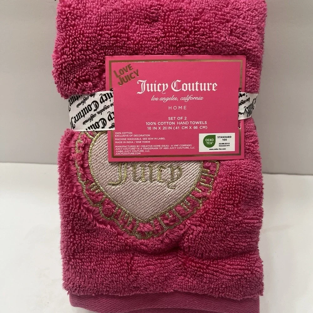 Juicy Couture Hand Towel Set Hot Pink Set Of 2 100% Cotton 16x26